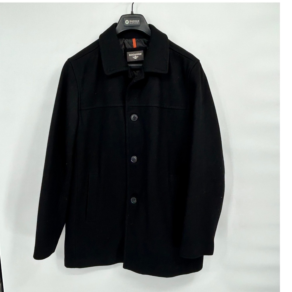 Dockers Mens Black Wool Blend Button Front Car‎ Coat Jacket - L